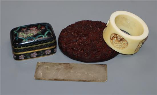 A Chinese cloisonne box and an ivory bangle and a plaque